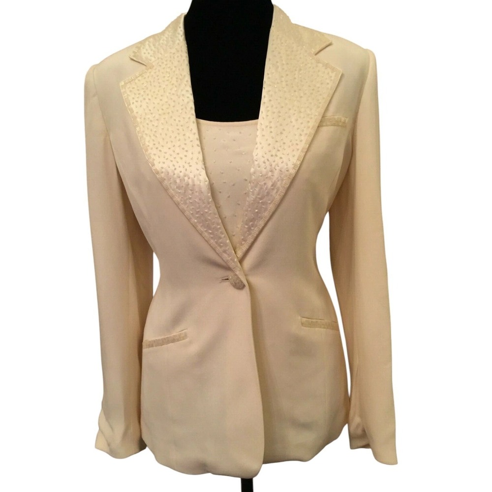 Bloomingdales Womens Blazer Tank Top Size 8/10P Cream 100% Silk Beaded 2 Pieces